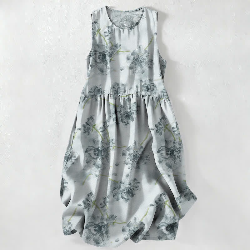 Buddha Stones Robe midi d'été décontractée pour femme, à motif floral botanique, sans manches et avec poches - Bleu clair - US16，UK/AU20，EU48 (3XL) - image 0