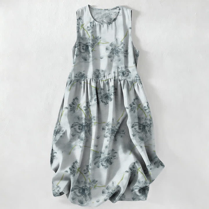 Buddha Stones Robe midi d'été décontractée pour femme, à motif floral botanique, sans manches et avec poches - Bleu clair - US16，UK/AU20，EU48 (3XL) - image 0
