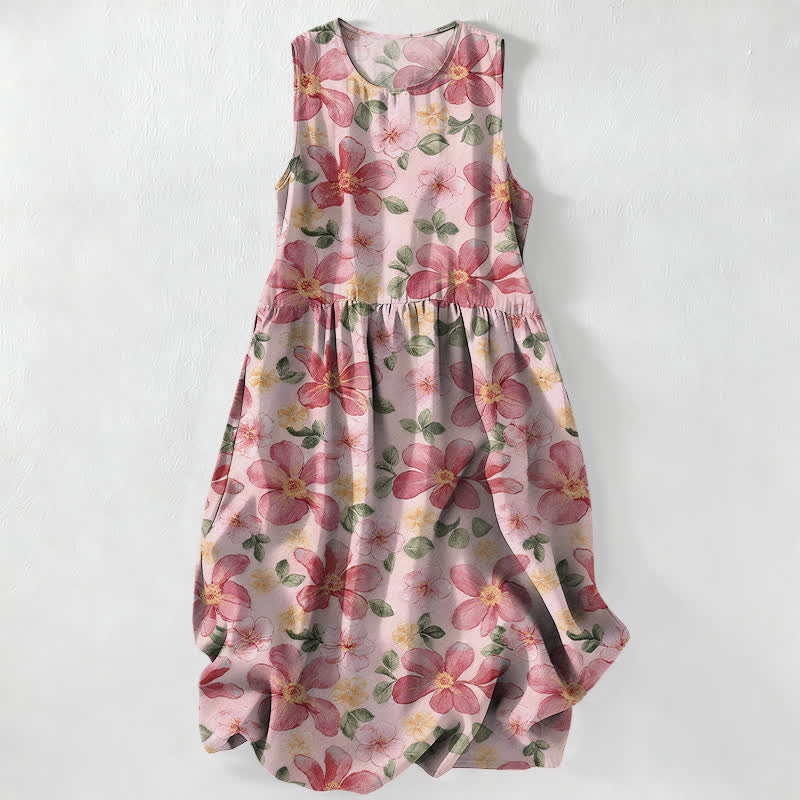 Buddha Stones Robe midi d'été décontractée pour femme, sans manches, à motif de grandes pétales et de feuilles, avec poches - Rose clair - US16，UK/AU20，EU48 (3XL) - image 0