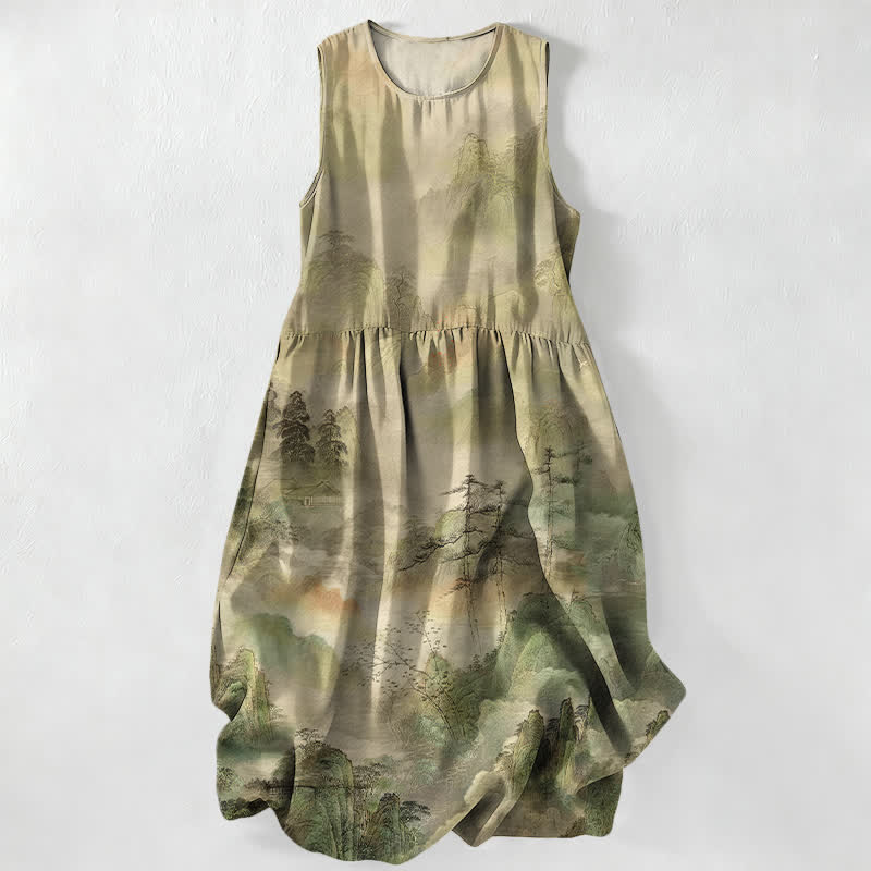 Buddha Stones Robe midi d'été décontractée pour femme, à motif paysage à l'encre, avec poches - Kaki - US16，UK/AU20，EU48 (3XL) - image 0