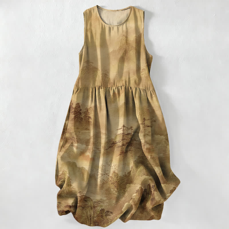 Buddha Stones Robe midi d'été décontractée pour femme, à motif paysage à l'encre, avec poches - BurlyWood - US16，UK/AU20，EU48 (3XL) - image 4
