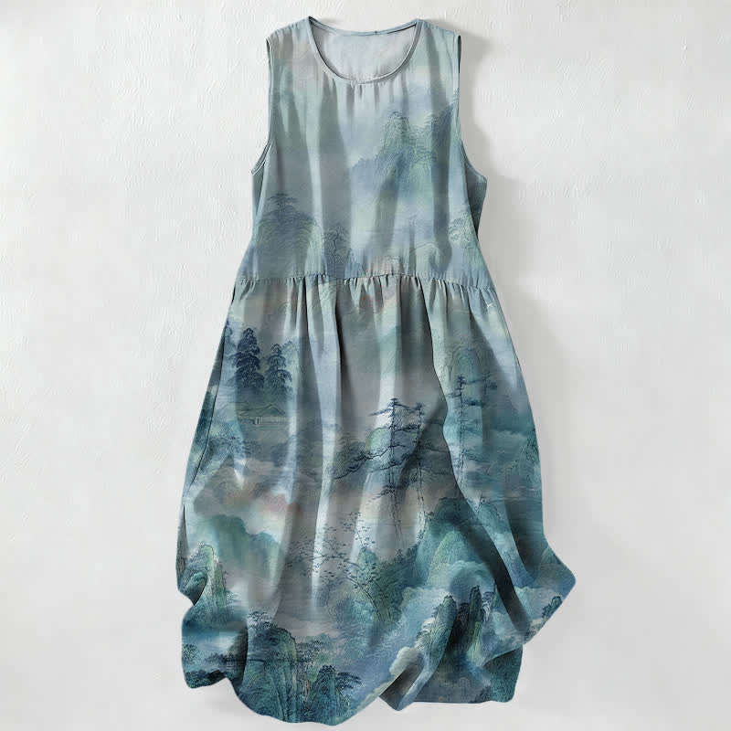 Buddha Stones Robe midi d'été décontractée pour femme, à motif paysage à l'encre, avec poches - Turquoise - US16，UK/AU20，EU48 (3XL) - image 5