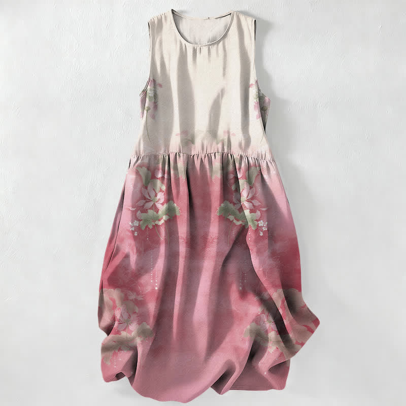 Buddha Stones Robe midi d'été décontractée pour femme, à motif floral dégradé et feuilles, sans manches et avec poches - Rose clair - US16，UK/AU20，EU48 (3XL) - image 0