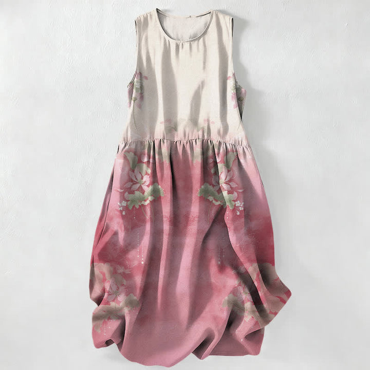 Buddha Stones Robe midi d'été décontractée pour femme, à motif floral dégradé et feuilles, sans manches et avec poches - Rose clair - US16，UK/AU20，EU48 (3XL) - image 0