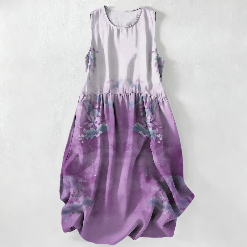 Buddha Stones Robe midi d'été décontractée pour femme, à motif floral dégradé et feuilles, sans manches et avec poches - Lavande - US16，UK/AU20，EU48 (3XL) - image 4