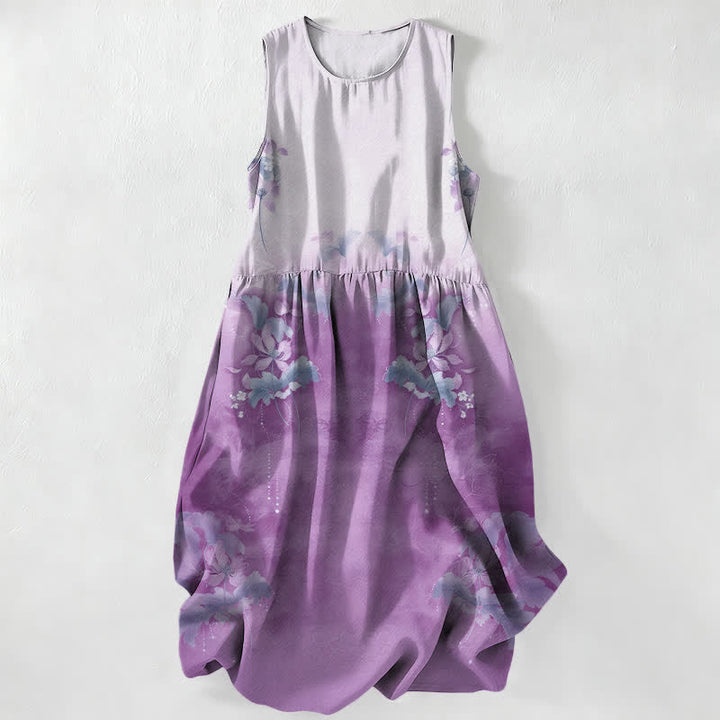 Buddha Stones Robe midi d'été décontractée pour femme, à motif floral dégradé et feuilles, sans manches et avec poches - Lavande - US16，UK/AU20，EU48 (3XL) - image 4