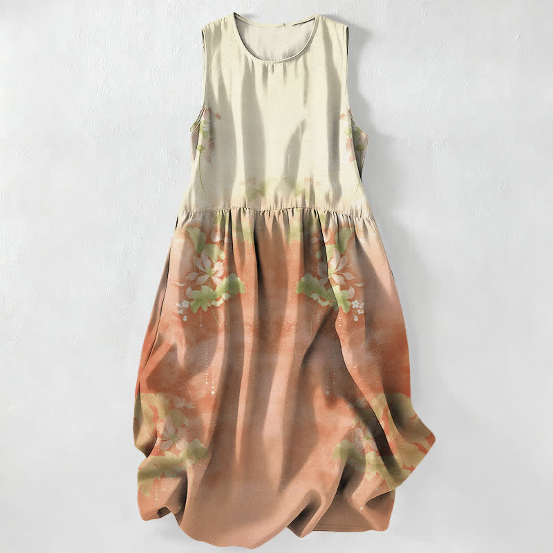 Buddha Stones Robe midi d'été décontractée pour femme, à motif floral dégradé et feuilles, sans manches et avec poches - PeachPuff - US16，UK/AU20，EU48 (3XL) - image 5
