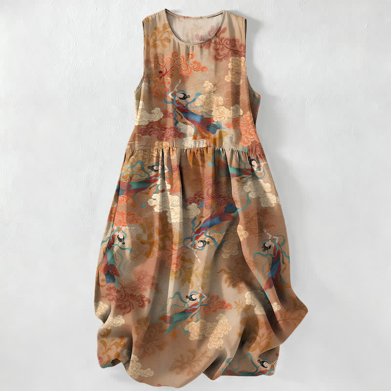 Buddha Stones Robe midi d'été décontractée pour femme, à motif de nuages ​​orientaux et sans manches, avec poches - BurlyWood - US16，UK/AU20，EU48 (3XL) - image 0