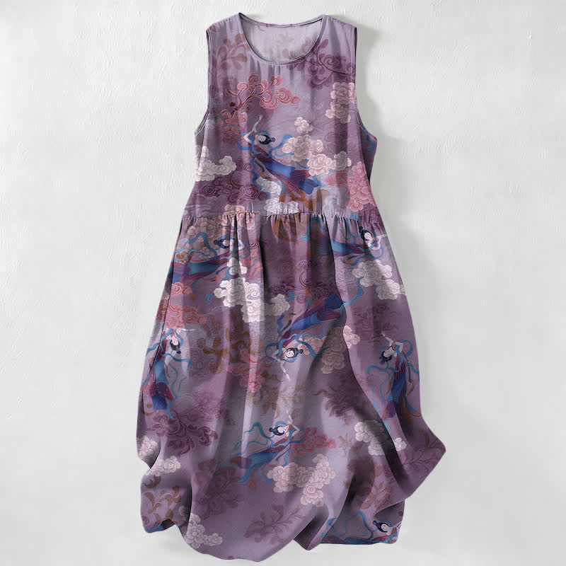 Buddha Stones Robe midi d'été décontractée pour femme, à motif de nuages ​​orientaux et sans manches, avec poches - Violet moyen - US16，UK/AU20，EU48 (3XL) - image 4