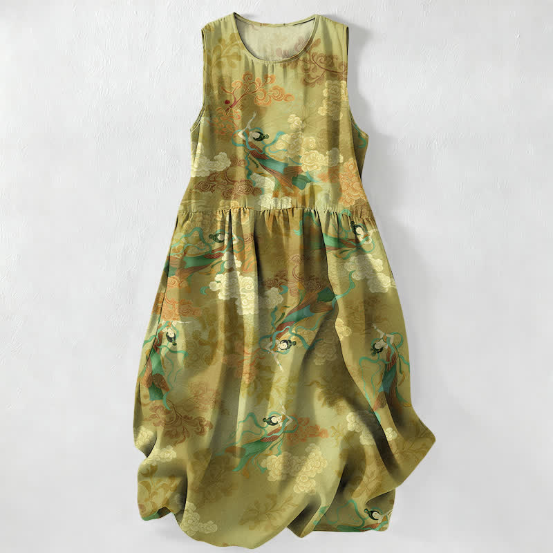 Buddha Stones Robe midi d'été décontractée pour femme, à motif de nuages ​​orientaux et sans manches, avec poches - JauneVert - US16，UK/AU20，EU48 (3XL) - image 5