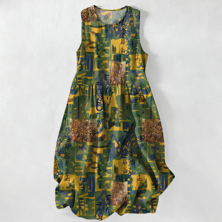Buddha Stones Robe midi d'été décontractée pour femme, sans manches, à motifs géométriques abstraits patchwork, avec poches - Olive - US16，UK/AU20，EU48 (3XL) - image 0