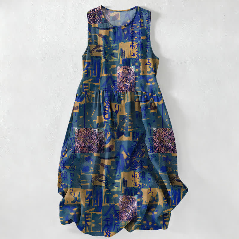 Buddha Stones Robe midi d'été décontractée pour femme, sans manches, à motifs géométriques abstraits patchwork, avec poches - Bleu royal - US16，UK/AU20，EU48 (3XL) - image 4