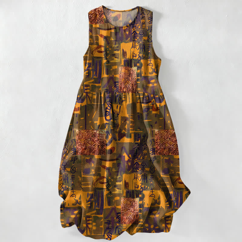 Buddha Stones Robe midi d'été décontractée pour femme, sans manches, à motifs géométriques abstraits patchwork, avec poches - verge d'or - US16，UK/AU20，EU48 (3XL) - image 5
