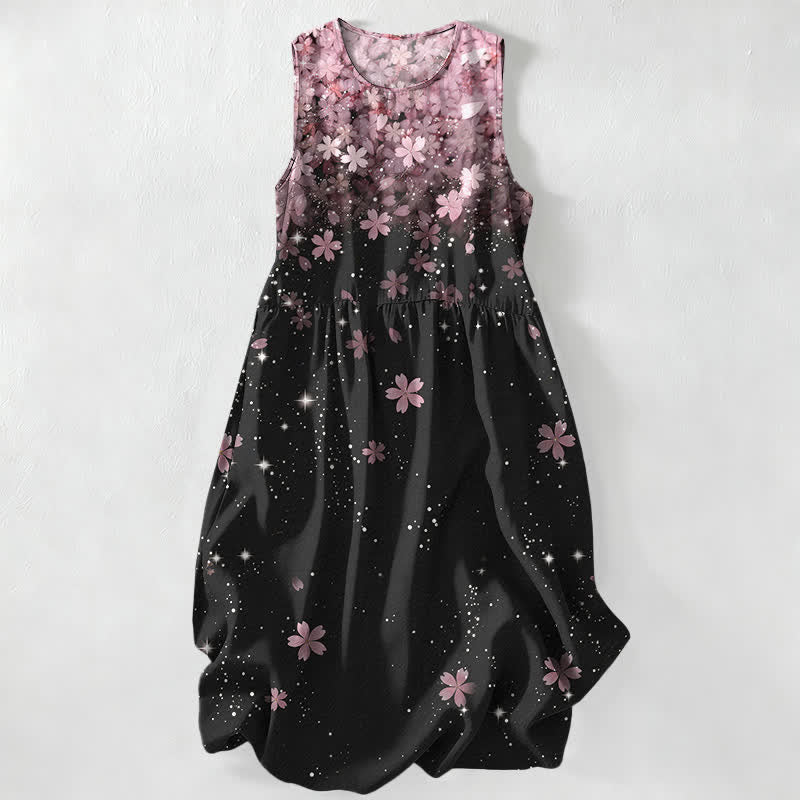 Buddha Stones Robe midi d'été décontractée pour femme, motif fleurs de cerisier et étoiles, sans manches et avec poches - Rouge violet pâle - US16，UK/AU20，EU48 (3XL) - image 0