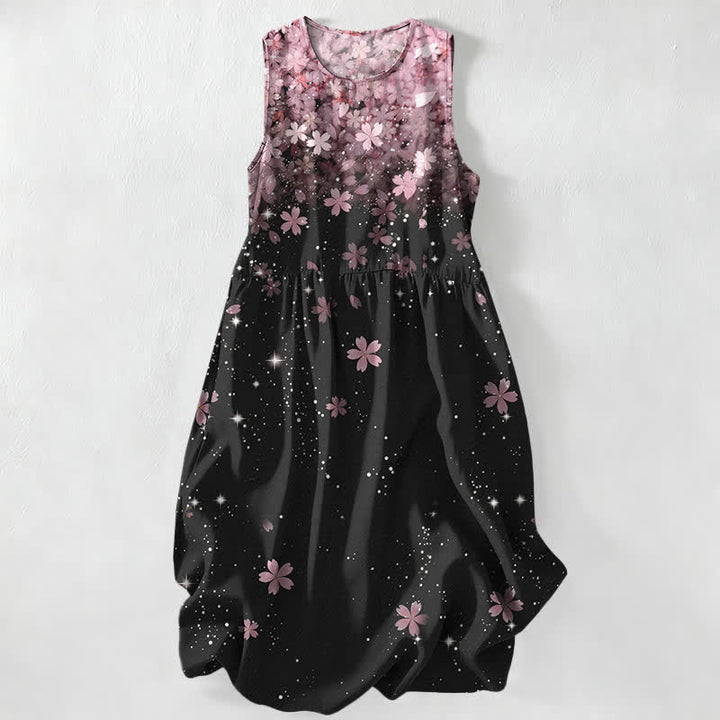 Buddha Stones Robe midi d'été décontractée pour femme, motif fleurs de cerisier et étoiles, sans manches et avec poches - Rouge violet pâle - US16，UK/AU20，EU48 (3XL) - image 0