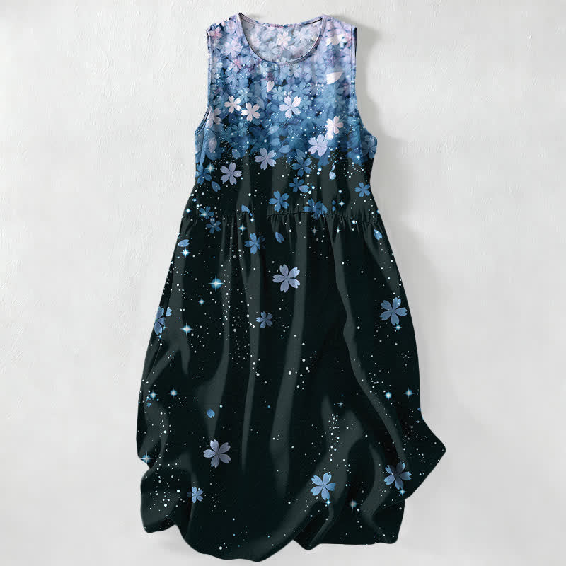 Buddha Stones Robe midi d'été décontractée pour femme, motif fleurs de cerisier et étoiles, sans manches et avec poches - Bleu ciel clair - US16，UK/AU20，EU48 (3XL) - image 4