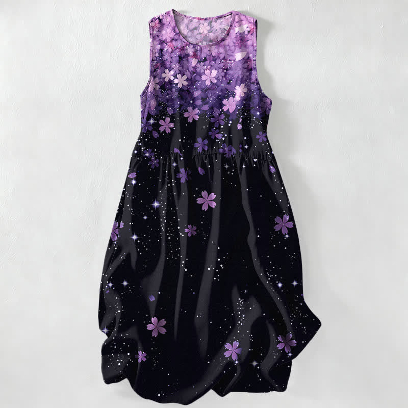 Buddha Stones Robe midi d'été décontractée pour femme, motif fleurs de cerisier et étoiles, sans manches et avec poches - Orchidée - US16，UK/AU20，EU48 (3XL) - image 5