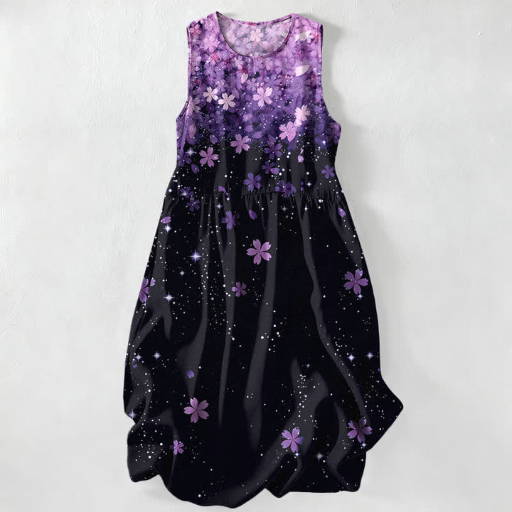 Buddha Stones Robe midi d'été décontractée pour femme, motif fleurs de cerisier et étoiles, sans manches et avec poches - Orchidée - US16，UK/AU20，EU48 (3XL) - image 5