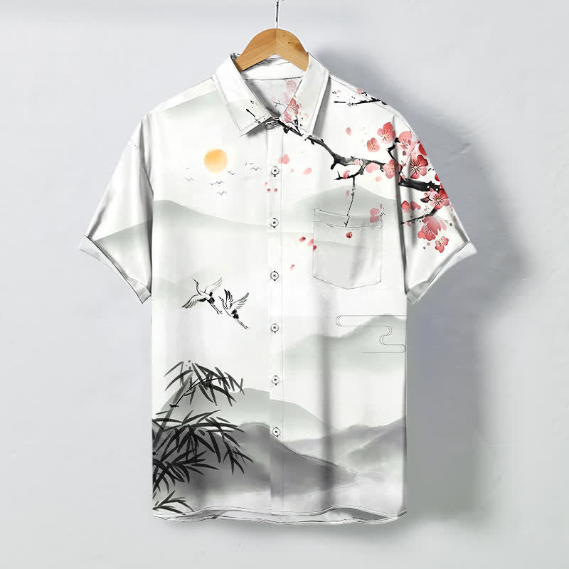 Buddha Stones Chemise à manches courtes pour homme, infroissable et respirante, ornée de boutons et d'un motif de grue, bambou et fleurs de prunier, inspiré des paysages à l'encre. - Blanc - US/UK/AU48，EU58 (4XL) - image 0