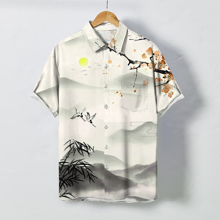 Buddha Stones Chemise à manches courtes pour homme, infroissable et respirante, ornée de boutons et d'un motif de grue, bambou et fleurs de prunier, inspiré des paysages à l'encre. - Ivoire - US/UK/AU48，EU58 (4XL) - image 3