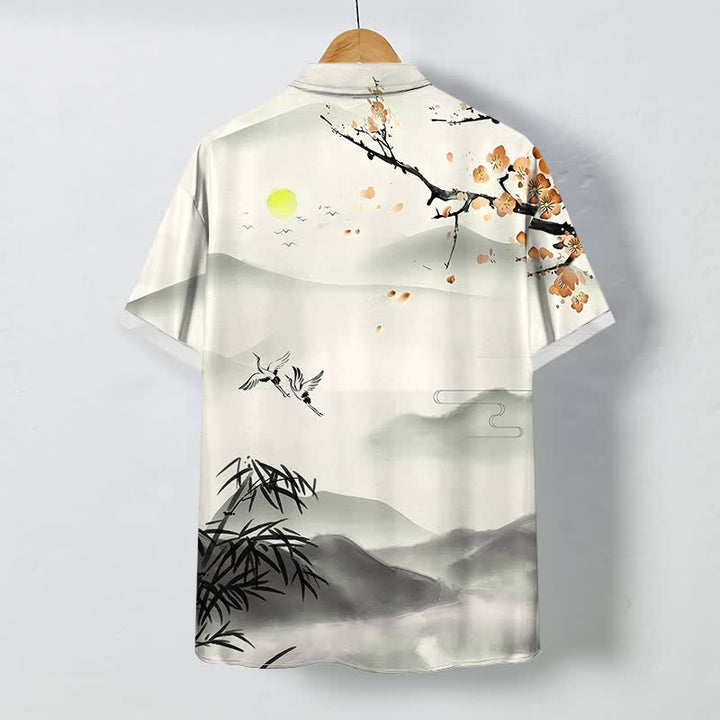 Buddha Stones Chemise à manches courtes pour homme, infroissable et respirante, ornée de boutons et d'un motif de grue, bambou et fleurs de prunier, inspiré des paysages à l'encre. - image 4