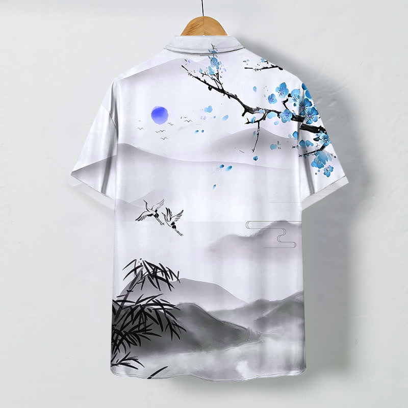 Buddha Stones Chemise à manches courtes pour homme, infroissable et respirante, ornée de boutons et d'un motif de grue, bambou et fleurs de prunier, inspiré des paysages à l'encre. - image 7