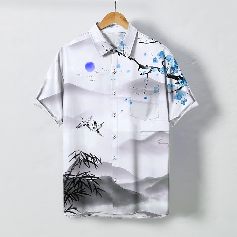 Buddha Stones Chemise à manches courtes pour homme, infroissable et respirante, ornée de boutons et d'un motif de grue, bambou et fleurs de prunier, inspiré des paysages à l'encre. - AliceBlue - US/UK/AU48，EU58 (4XL) - image 6