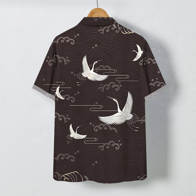 Buddha Stones Chemise à manches courtes respirante pour homme avec boutons et motif vagues et grues - image 1