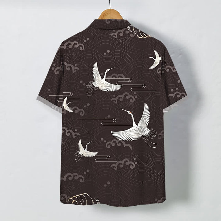 Buddha Stones Chemise à manches courtes respirante pour homme avec boutons et motif vagues et grues - image 1