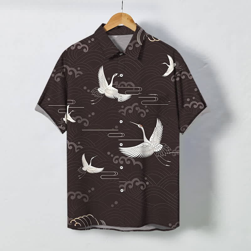 Buddha Stones Chemise à manches courtes respirante pour homme avec boutons et motif vagues et grues - SaddleBrown - US/UK/AU48，EU58 (4XL) - image 0