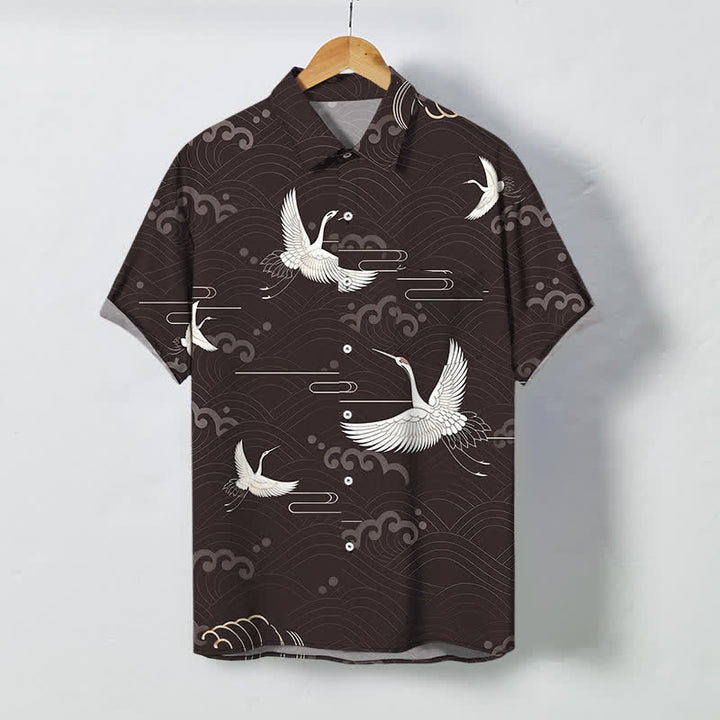 Buddha Stones Chemise à manches courtes respirante pour homme avec boutons et motif vagues et grues - SaddleBrown - US/UK/AU48，EU58 (4XL) - image 0
