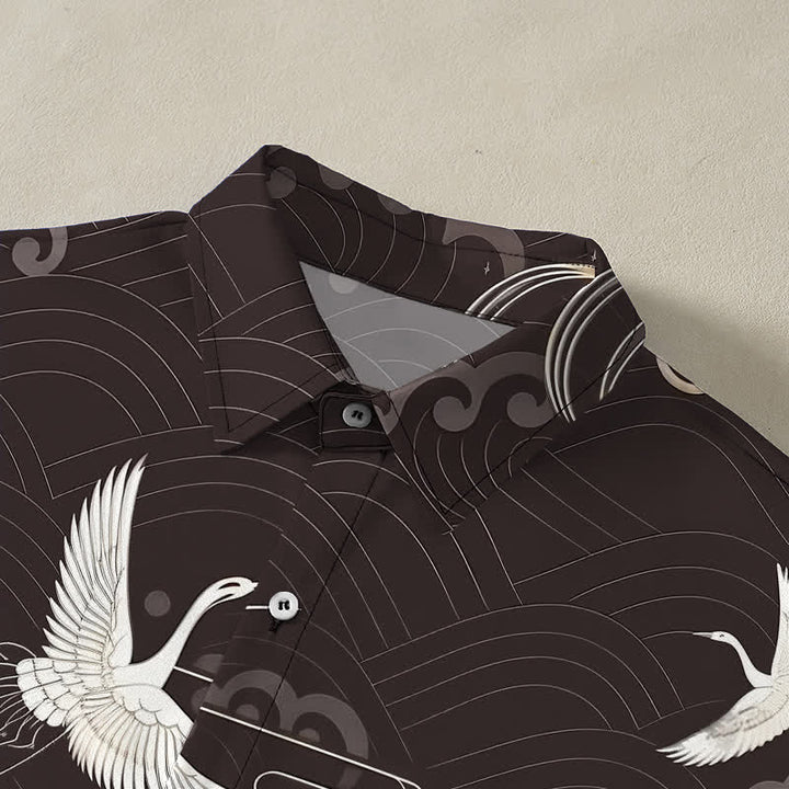 Buddha Stones Chemise à manches courtes respirante pour homme avec boutons et motif vagues et grues - image 2
