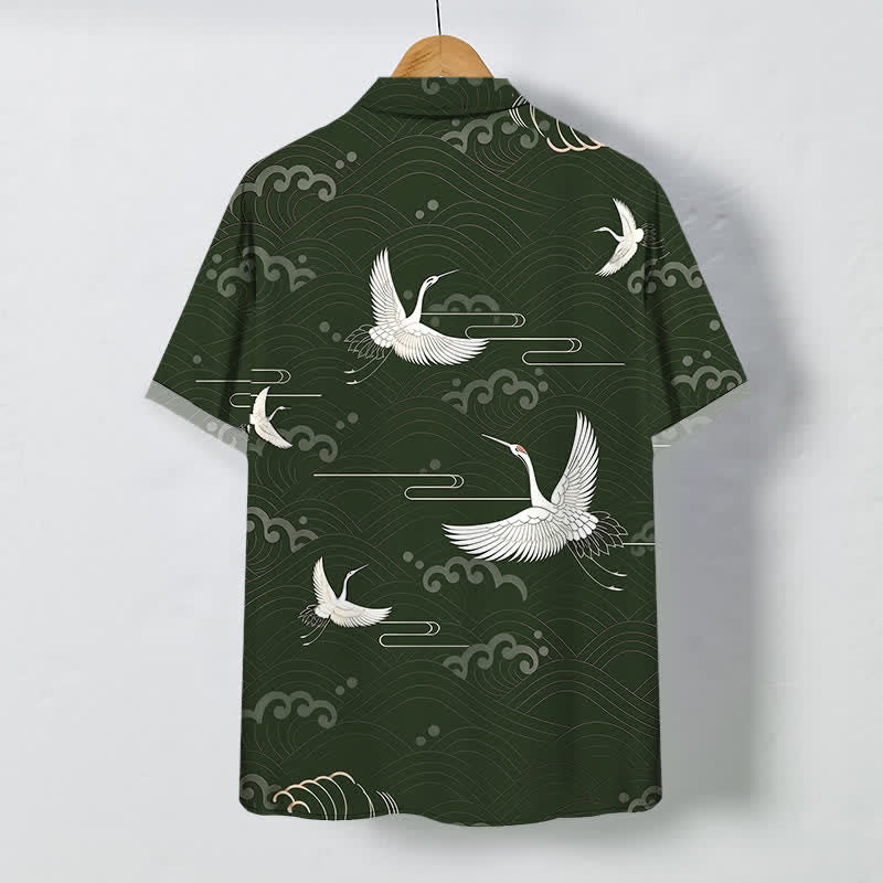 Buddha Stones Chemise à manches courtes respirante pour homme avec boutons et motif vagues et grues - image 6