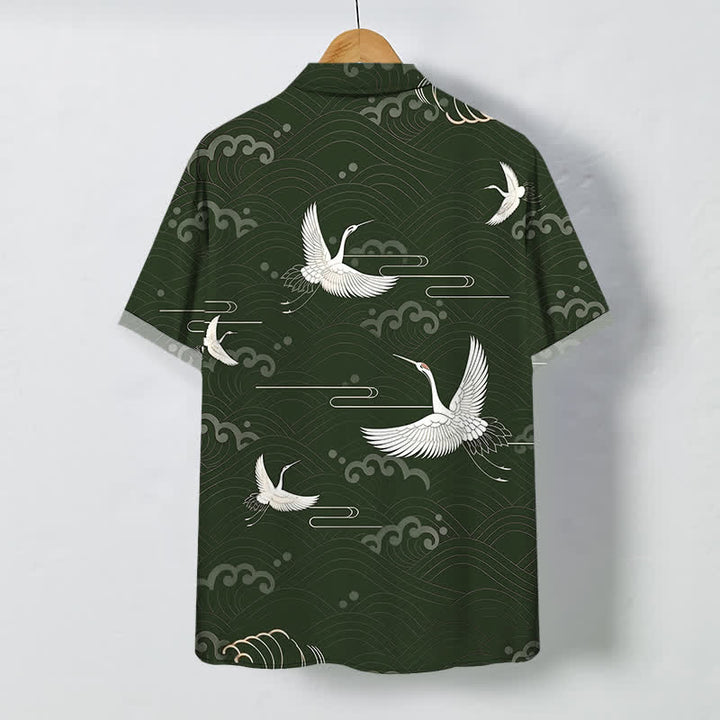 Buddha Stones Chemise à manches courtes respirante pour homme avec boutons et motif vagues et grues - image 6