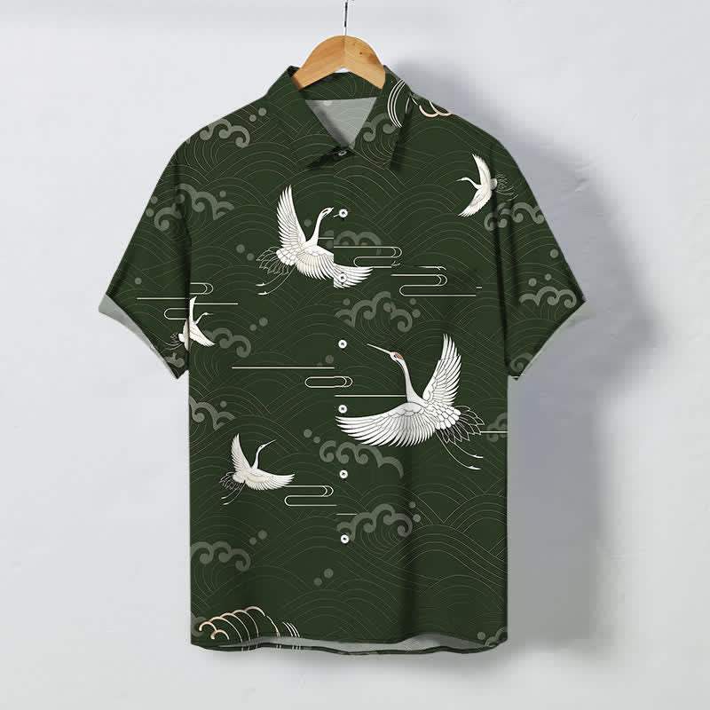 Buddha Stones Chemise à manches courtes respirante pour homme avec boutons et motif vagues et grues - Vert foncé - US/UK/AU48，EU58 (4XL) - image 5