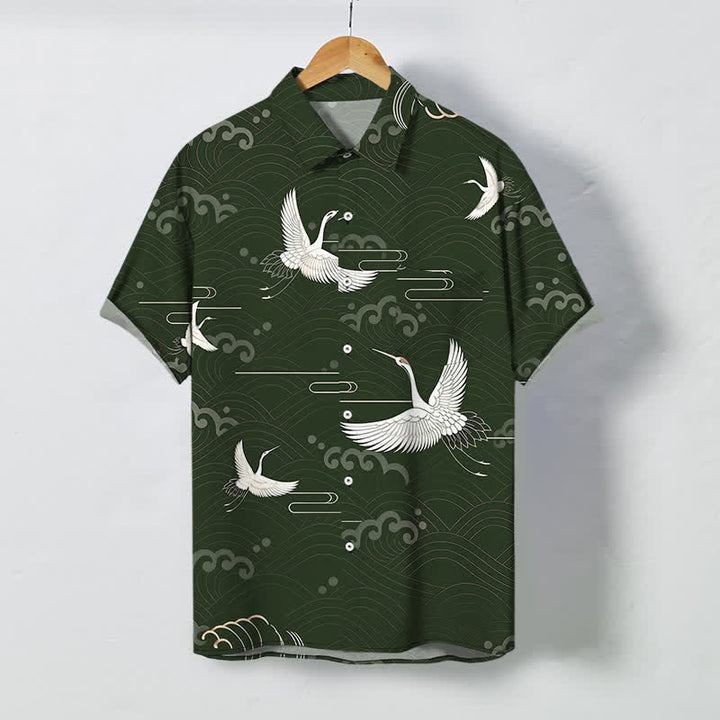 Buddha Stones Chemise à manches courtes respirante pour homme avec boutons et motif vagues et grues - Vert foncé - US/UK/AU48，EU58 (4XL) - image 5