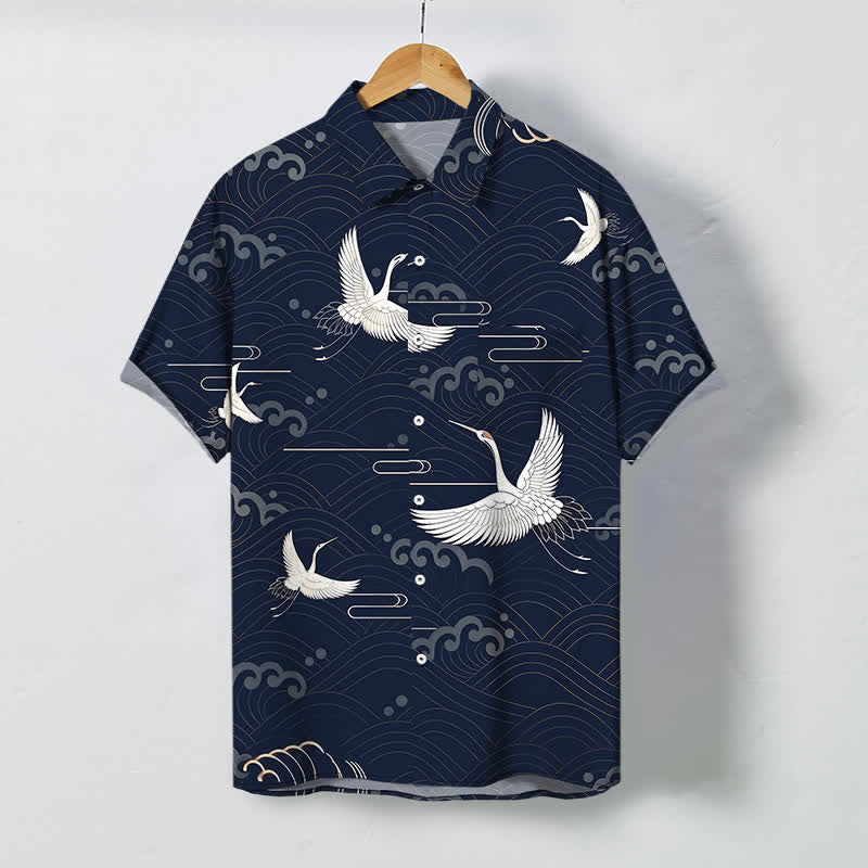 Buddha Stones Chemise à manches courtes respirante pour homme avec boutons et motif vagues et grues - Marine - US/UK/AU48，EU58 (4XL) - image 10