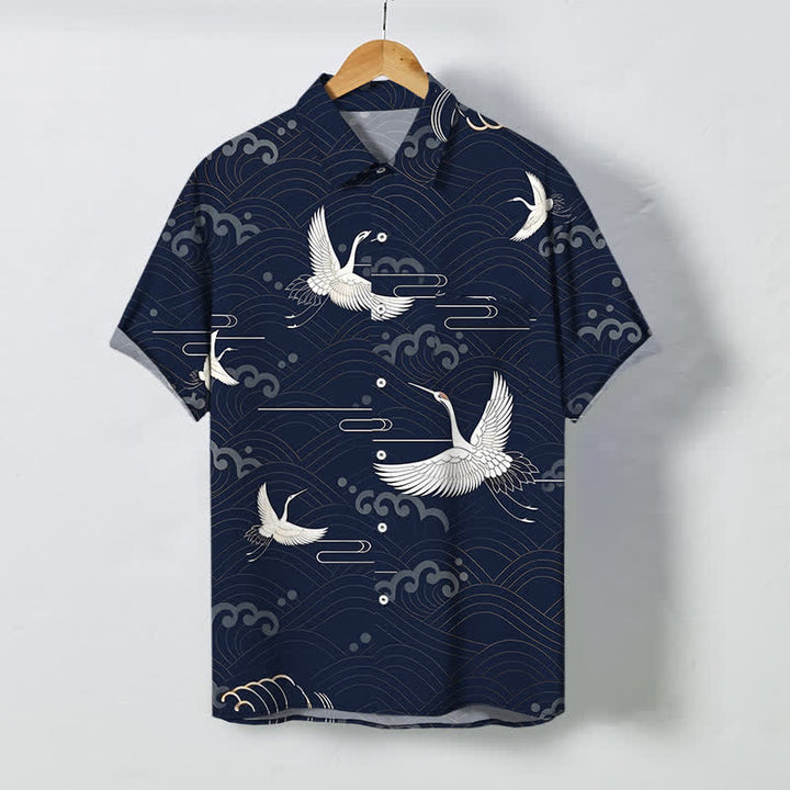 Buddha Stones Chemise à manches courtes respirante pour homme avec boutons et motif vagues et grues - Marine - US/UK/AU48，EU58 (4XL) - image 10