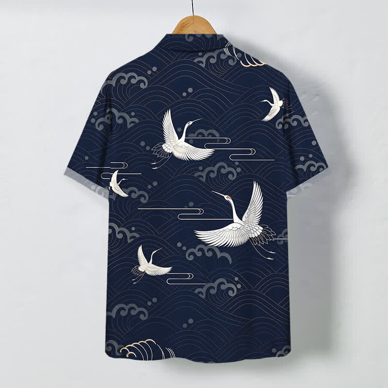 Buddha Stones Chemise à manches courtes respirante pour homme avec boutons et motif vagues et grues - image 11