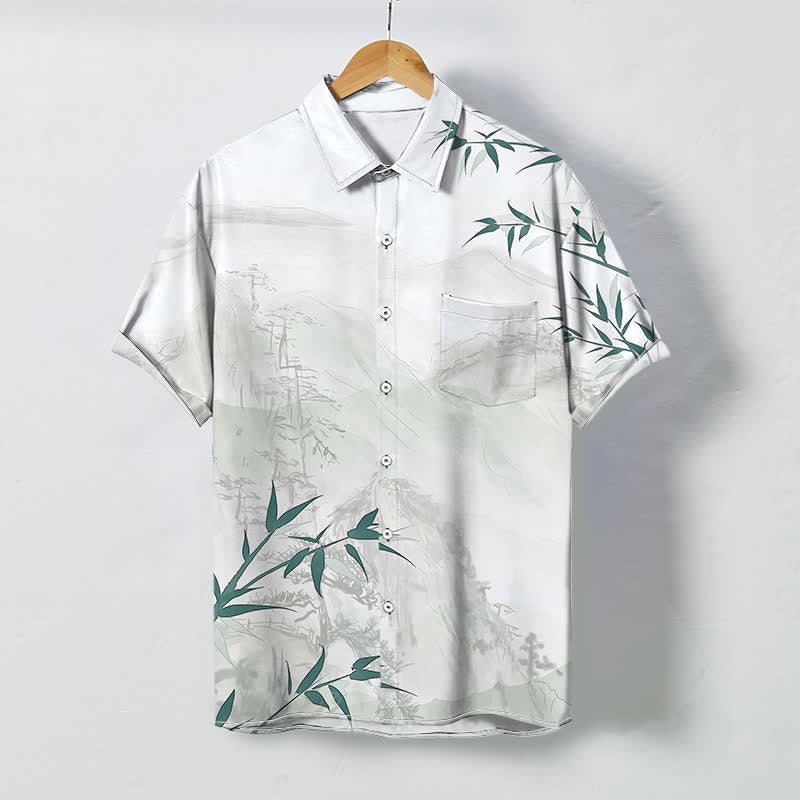Buddha Stones Chemise à manches courtes respirante pour homme, motif bambou et paysage à l'encre - Blanc - US/UK/AU48，EU58 (4XL) - image 0