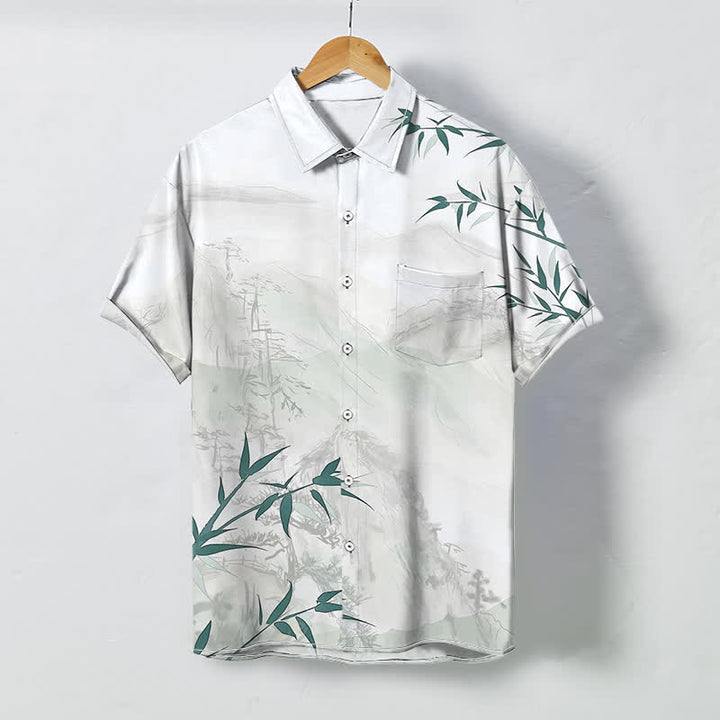 Buddha Stones Chemise à manches courtes respirante pour homme, motif bambou et paysage à l'encre - Blanc - US/UK/AU48，EU58 (4XL) - image 0