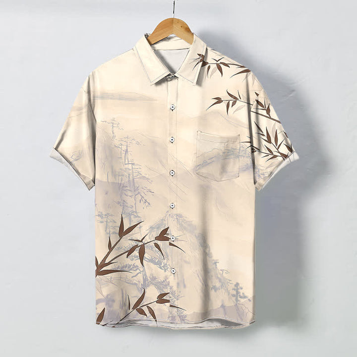 Buddha Stones Chemise à manches courtes respirante pour homme, motif bambou et paysage à l'encre - Lin - US/UK/AU48，EU58 (4XL) - image 6