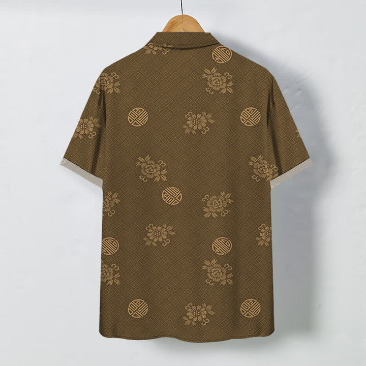 Buddha Stones Chemise à manches courtes respirante pour homme avec boutons à motif médaillon floral géométrique - image 1