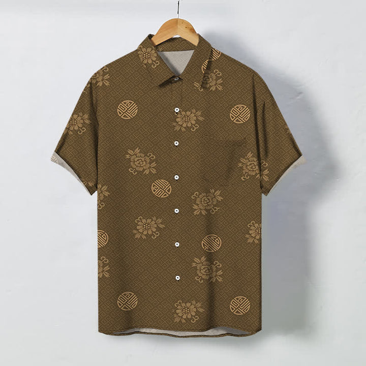 Buddha Stones Chemise à manches courtes respirante pour homme avec boutons à motif médaillon floral géométrique - Terre de sienne - US/UK/AU48，EU58 (4XL) - image 0