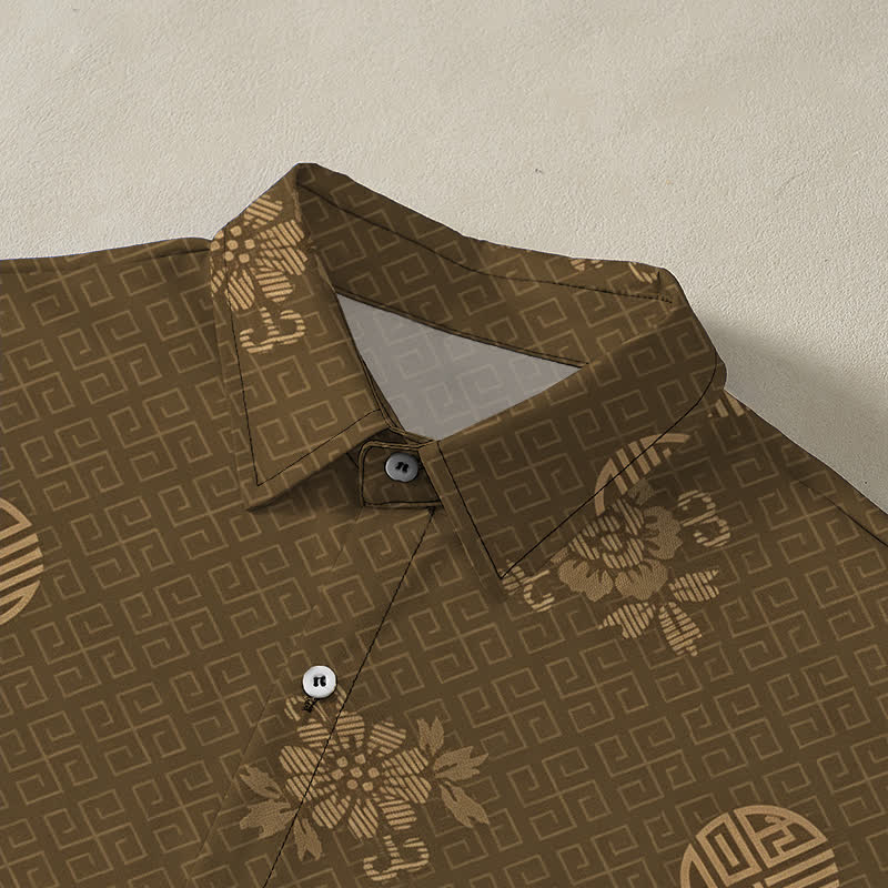 Buddha Stones Chemise à manches courtes respirante pour homme avec boutons à motif médaillon floral géométrique - image 2