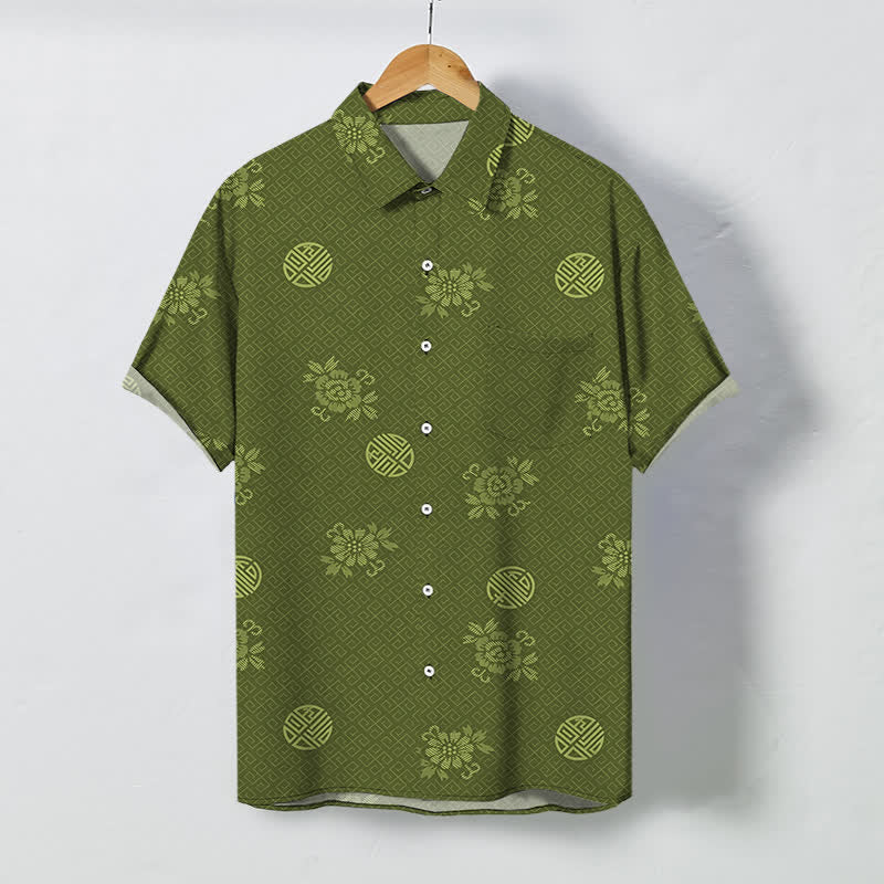 Buddha Stones Chemise à manches courtes respirante pour homme avec boutons à motif médaillon floral géométrique - Vert olive - US/UK/AU48，EU58 (4XL) - image 5