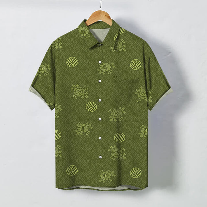 Buddha Stones Chemise à manches courtes respirante pour homme avec boutons à motif médaillon floral géométrique - Vert olive - US/UK/AU48，EU58 (4XL) - image 5