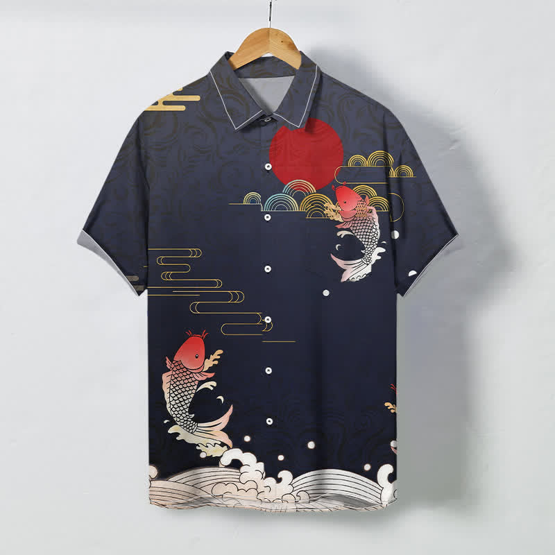 Buddha Stones Chemise à manches courtes respirante pour homme, motif vagues de carpes koï rouges et soleil rouge - Marine - US/UK/AU48，EU58 (4XL) - image 0