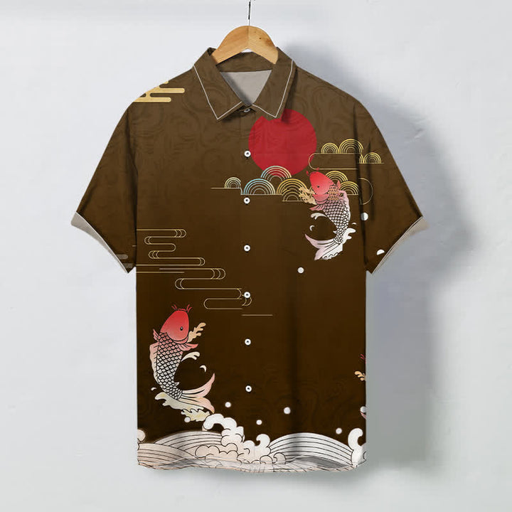 Buddha Stones Chemise à manches courtes respirante pour homme, motif vagues de carpes koï rouges et soleil rouge - SaddleBrown - US/UK/AU48，EU58 (4XL) - image 3