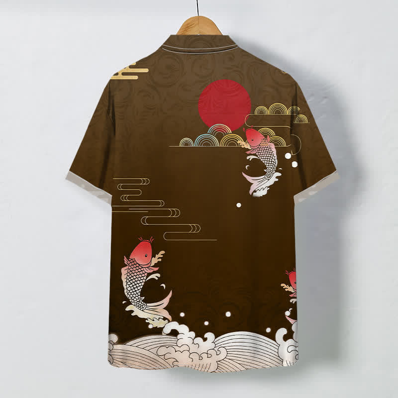 Buddha Stones Chemise à manches courtes respirante pour homme, motif vagues de carpes koï rouges et soleil rouge - image 4